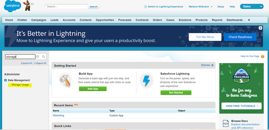 Where to Access Your Storage Usage Report in Salesforce Classic